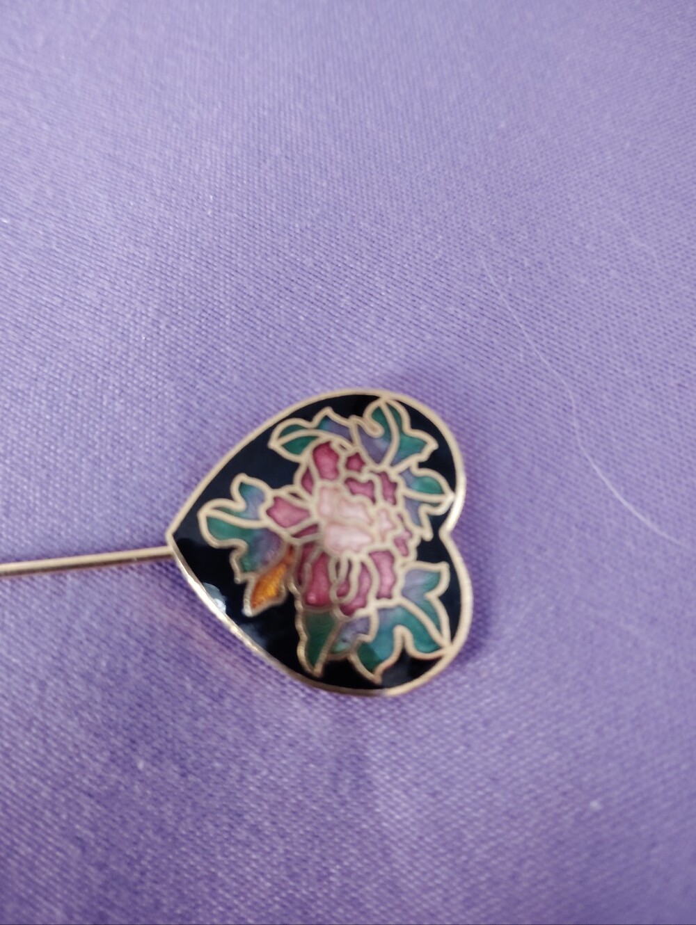 Vintage Cloisonne Enamel Heart Floral Stick Pin - Black, Red and Teal